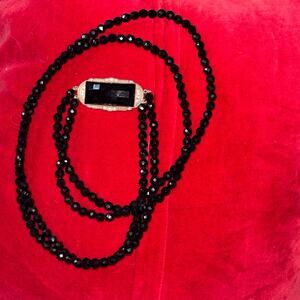 Vintage Art Deco Style 2 Strand Neck Black Glass Beads Black Stone Gold Tone 16”